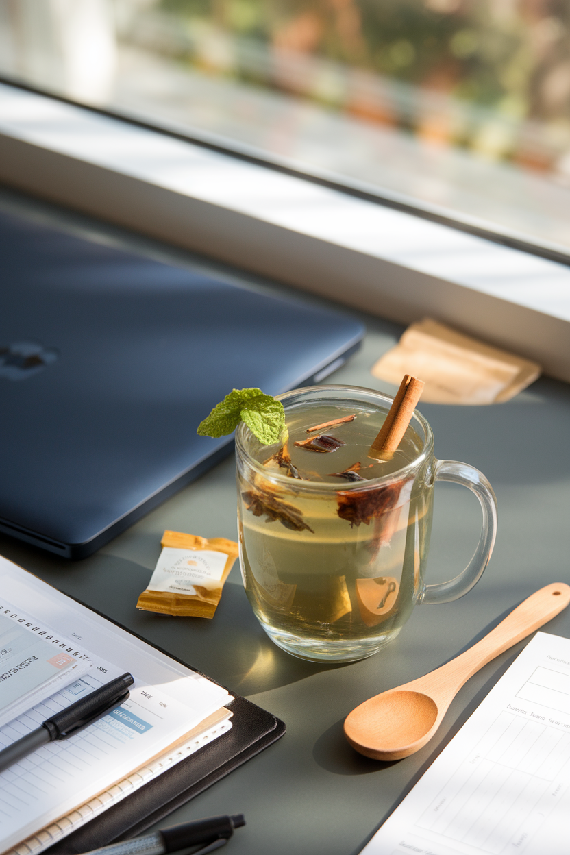 Photo of an indoor mug of herbal tea beside a closed laptop on a desk as afternoon light streams in. No text or logos.
