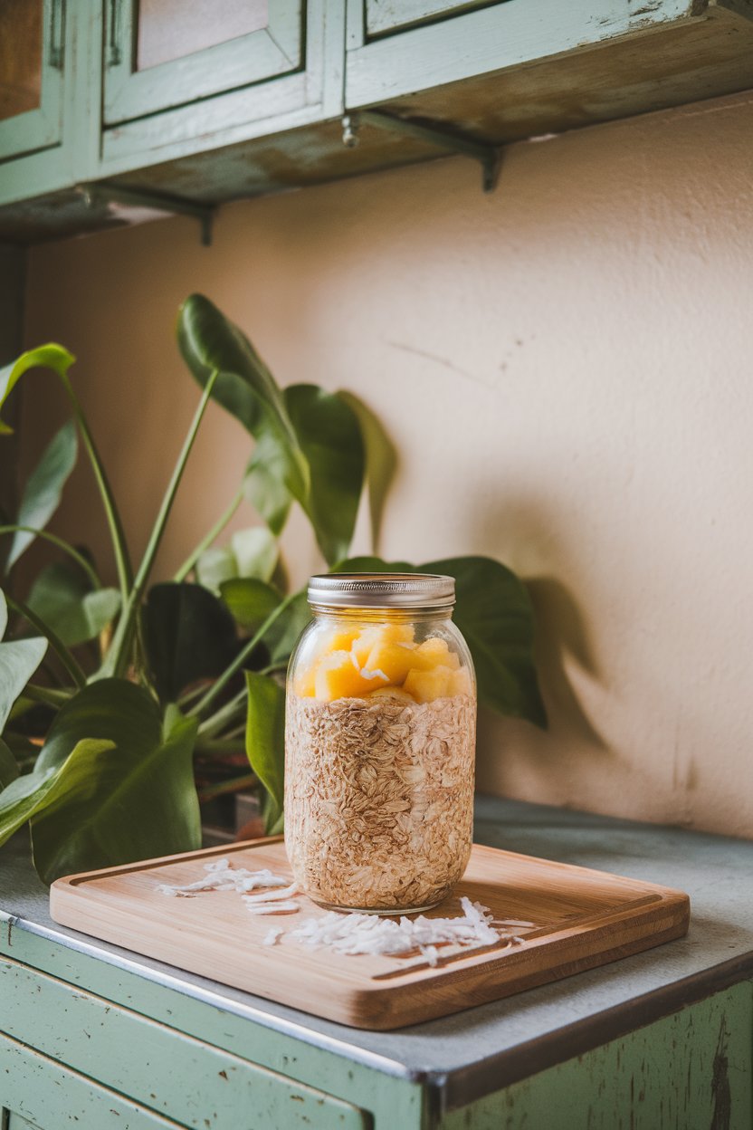 Indoor tropical-theme kitchen with a jar of oats dotted with pineapple chunks and coconut shreds. No text or logos. Photo.