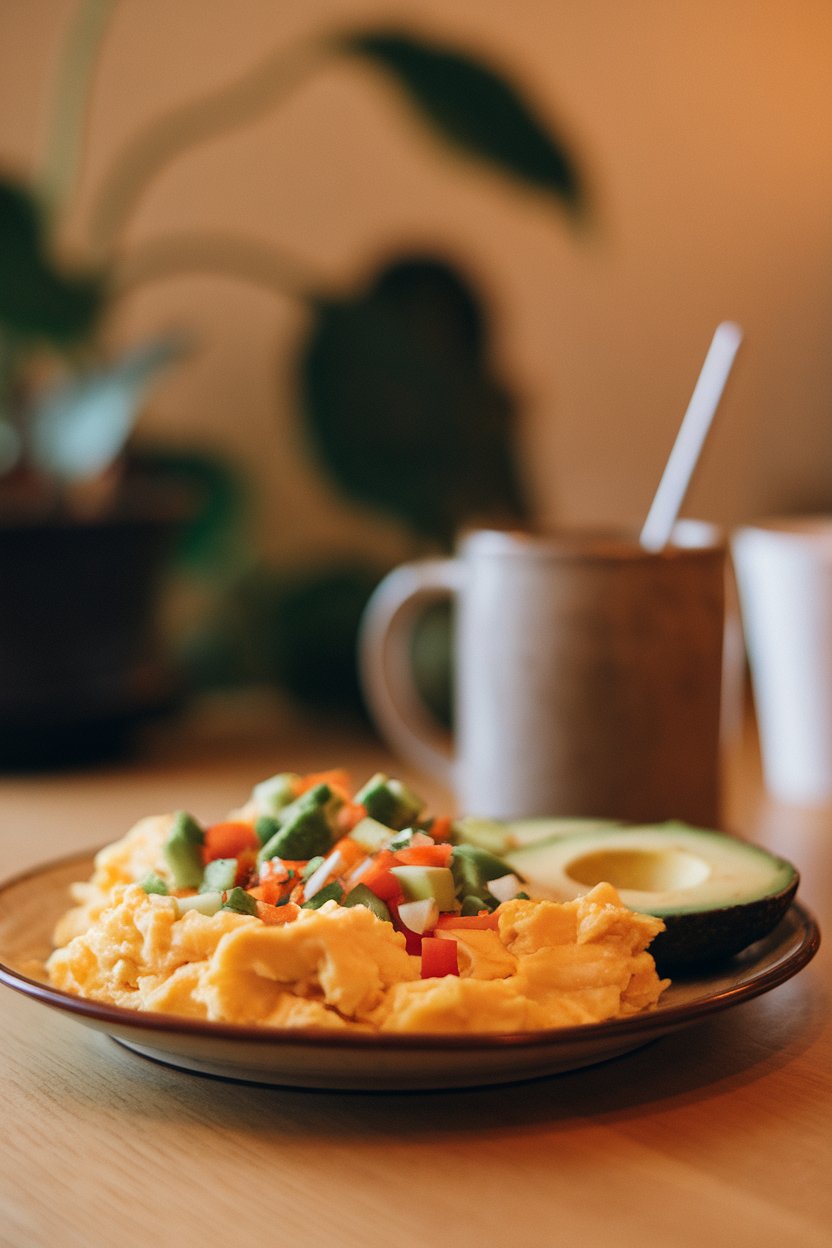 Photo of an indoor breakfast plate featuring scrambled eggs with chopped veggies alongside avocado slices. Warm lighting, no text or logos.