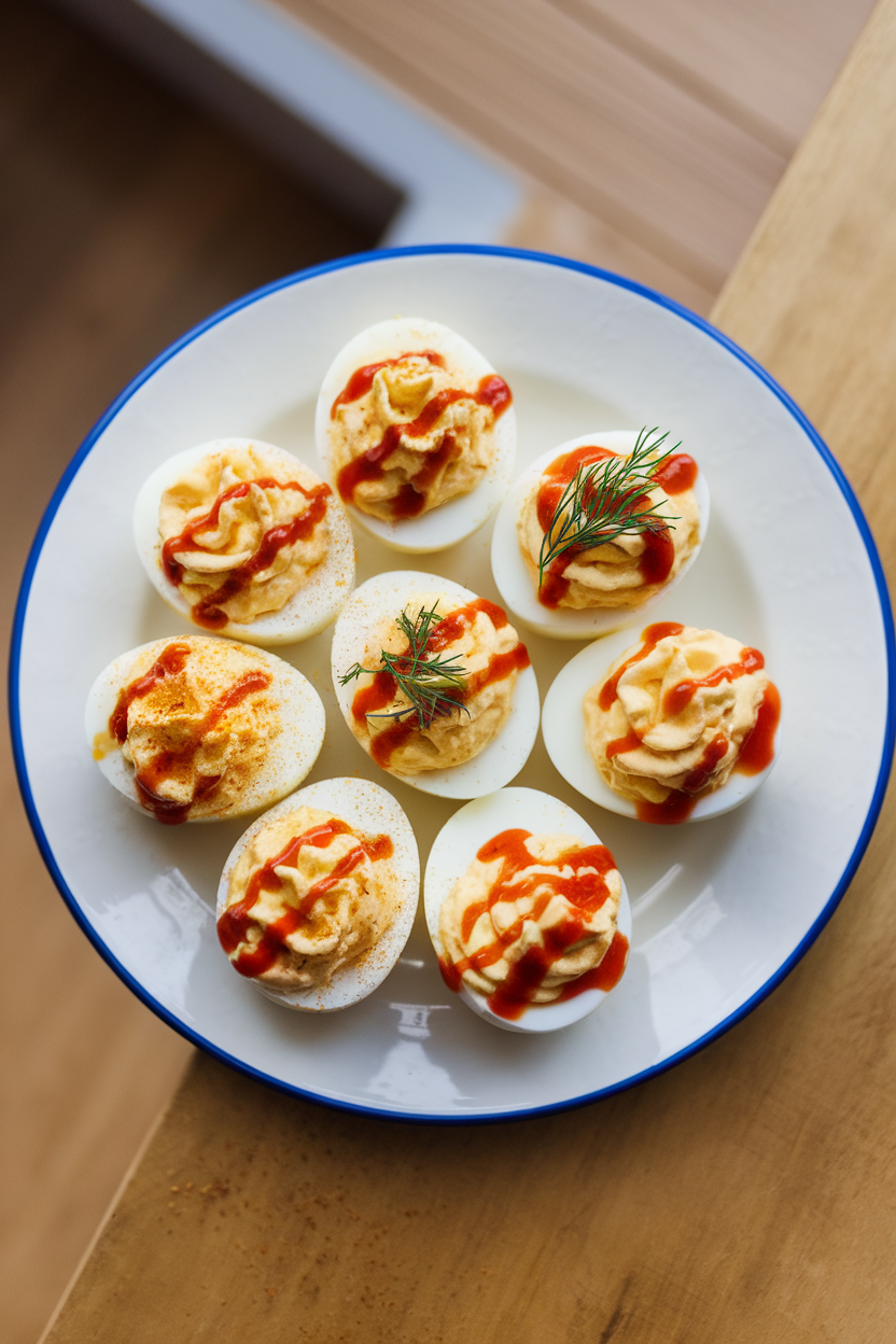 Photo of an indoor egg platter showing deviled eggs topped three ways—classic paprika, chive and dill, and sriracha drizzle; overhead angle, no text or logos