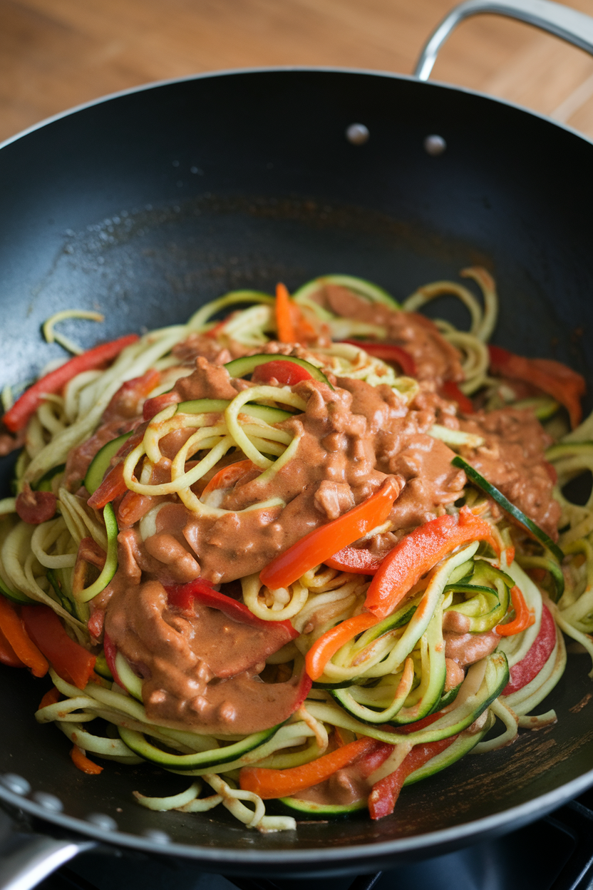 Photo of zucchini noodles tossed in peanut sauce with bell peppers and carrots in a wok indoors, no text or logos