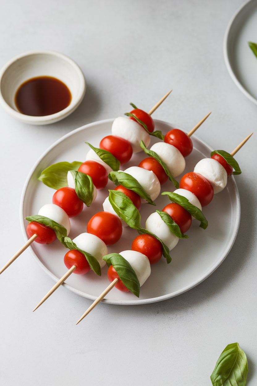 Indoor photo of mini skewers threaded with cherry tomatoes, mozzarella pearls, and basil leaves, light balsamic glaze on top; no text or logos