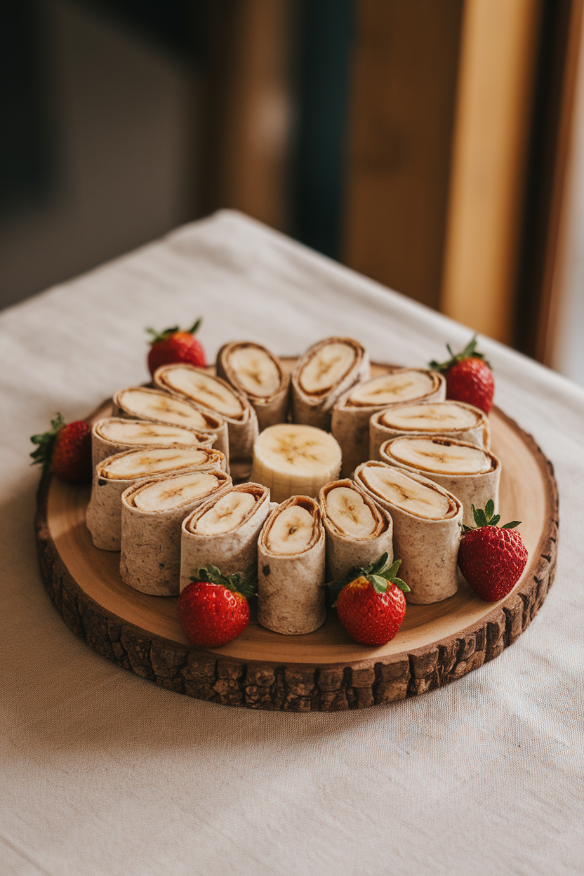 An indoor snack plate with whole-grain tortilla roll-ups sliced to reveal almond butter and banana spirals. No logos or text present.