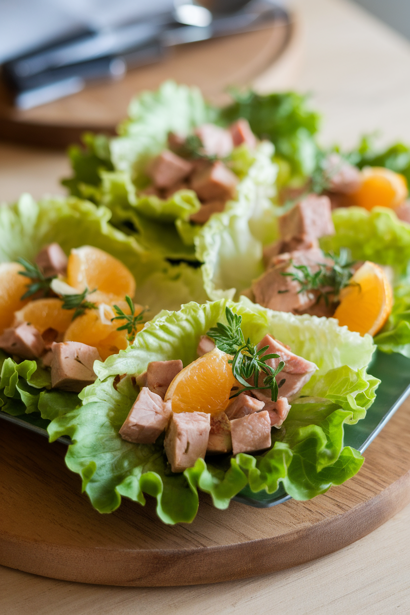 Crisp lettuce leaves holding diced turkey, herbs, and citrus segments on an indoor platter. No text or logos.