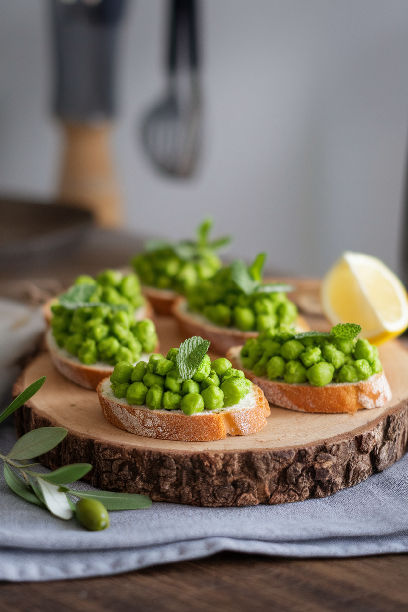 Indoor wooden board with rustic crostini topped with bright green smashed peas and mint leaves—photo, no text or logos.