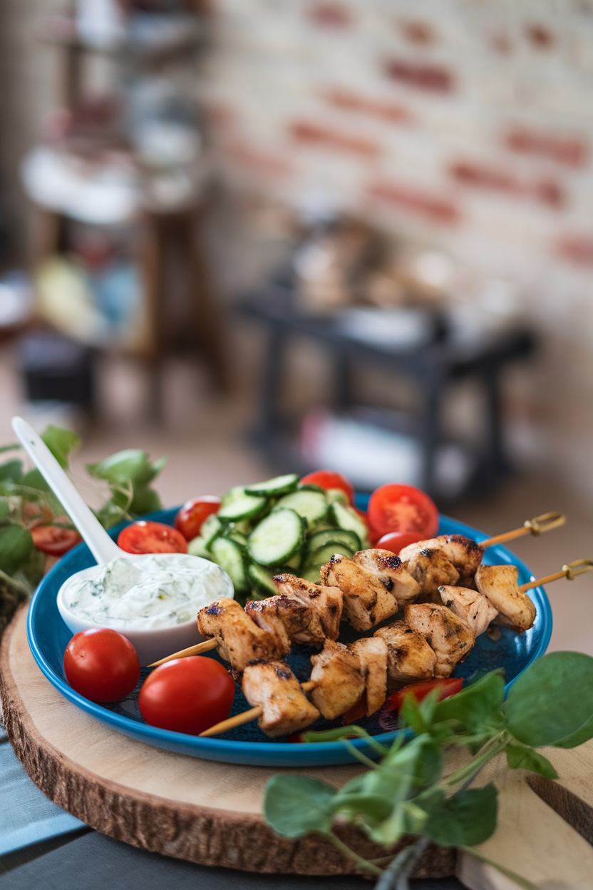 Indoor platter showcasing skewered grilled chicken pieces, cucumber salad, cherry tomatoes, and a spoonful of tzatziki. No logos or text; photo.