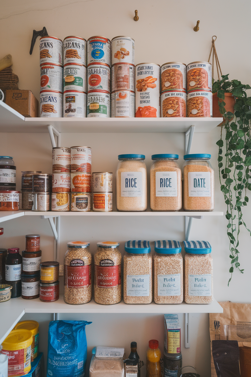 Photo of an indoor pantry shelf stocked with canned beans, brown rice, and rolled oats organized neatly, no text or logos.