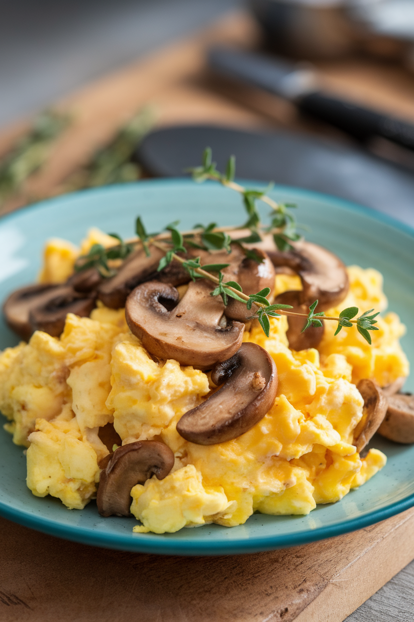 Indoor plate showing golden scrambled eggs mixed with sautéed mushrooms and fresh thyme leaves. No text or logos.