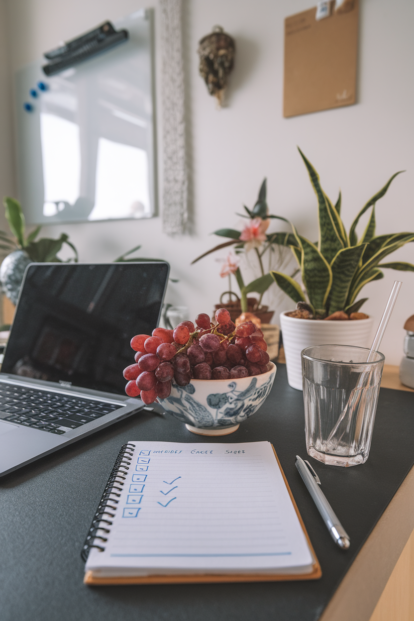 Photo of an indoor workstation with a notepad showcasing checked boxes next to a bowl of grapes, no readable text or logos.