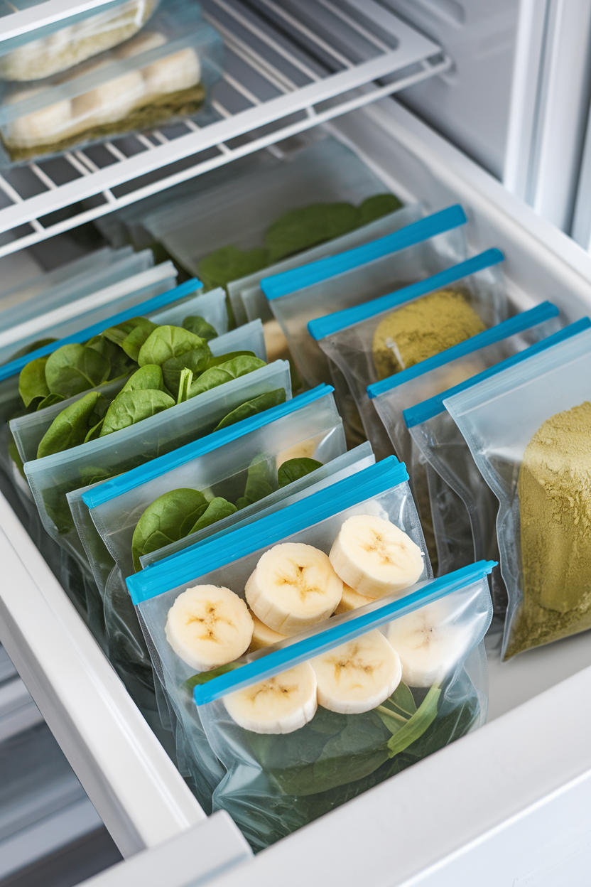 An indoor freezer drawer view of zip-top bags filled with spinach, frozen banana slices, and matcha powder portions; no text or logos visible.