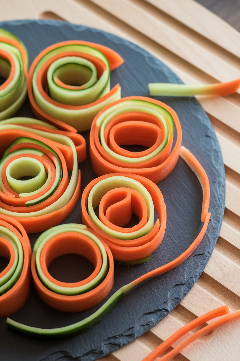 Indoor close-up of intertwined carrot and cucumber ribbons rolled into spirals on a slate platter. No branding.