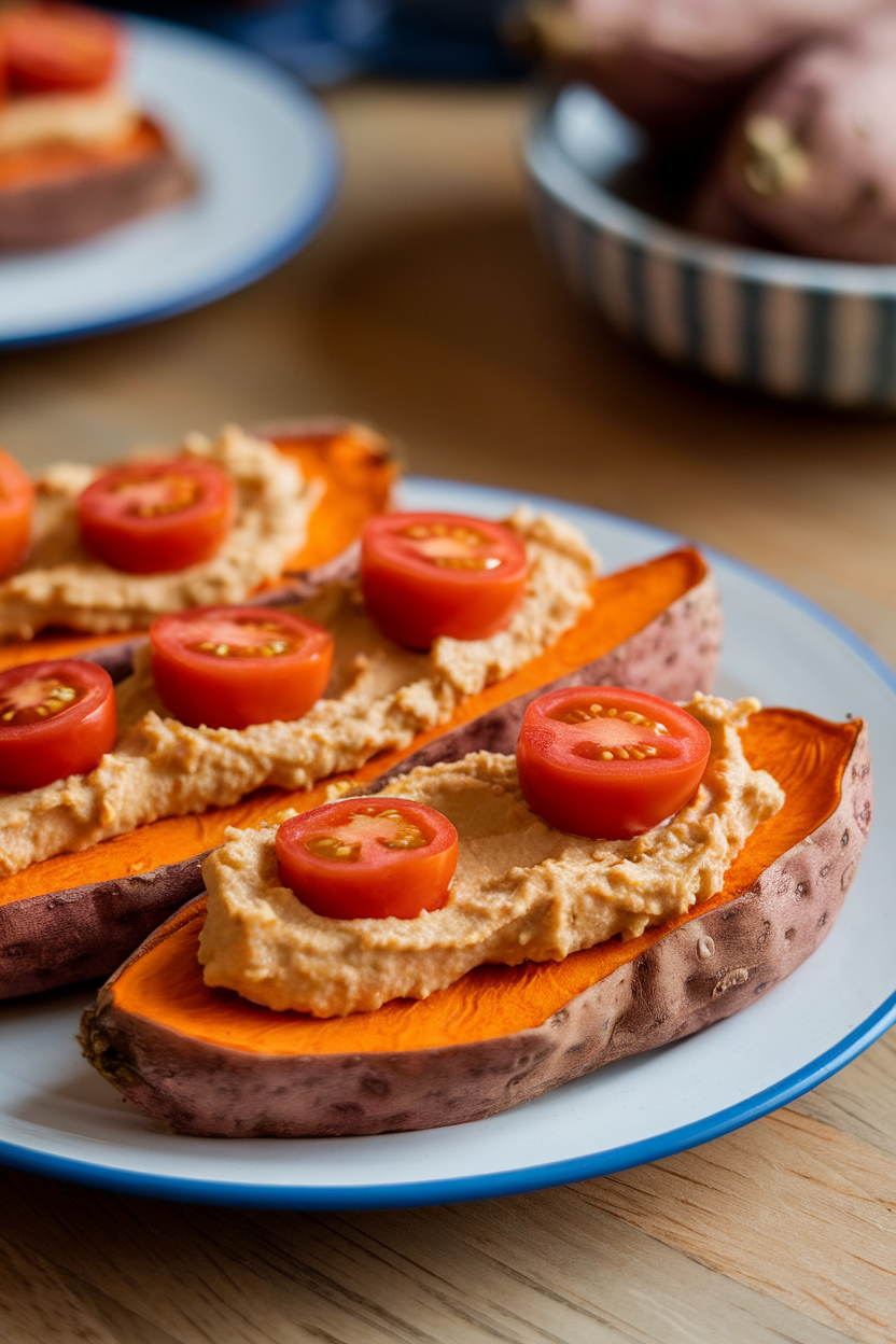 An indoor plate featuring thick roasted sweet potato slices spread with hummus and topped with cherry tomato halves; no logos or text.
