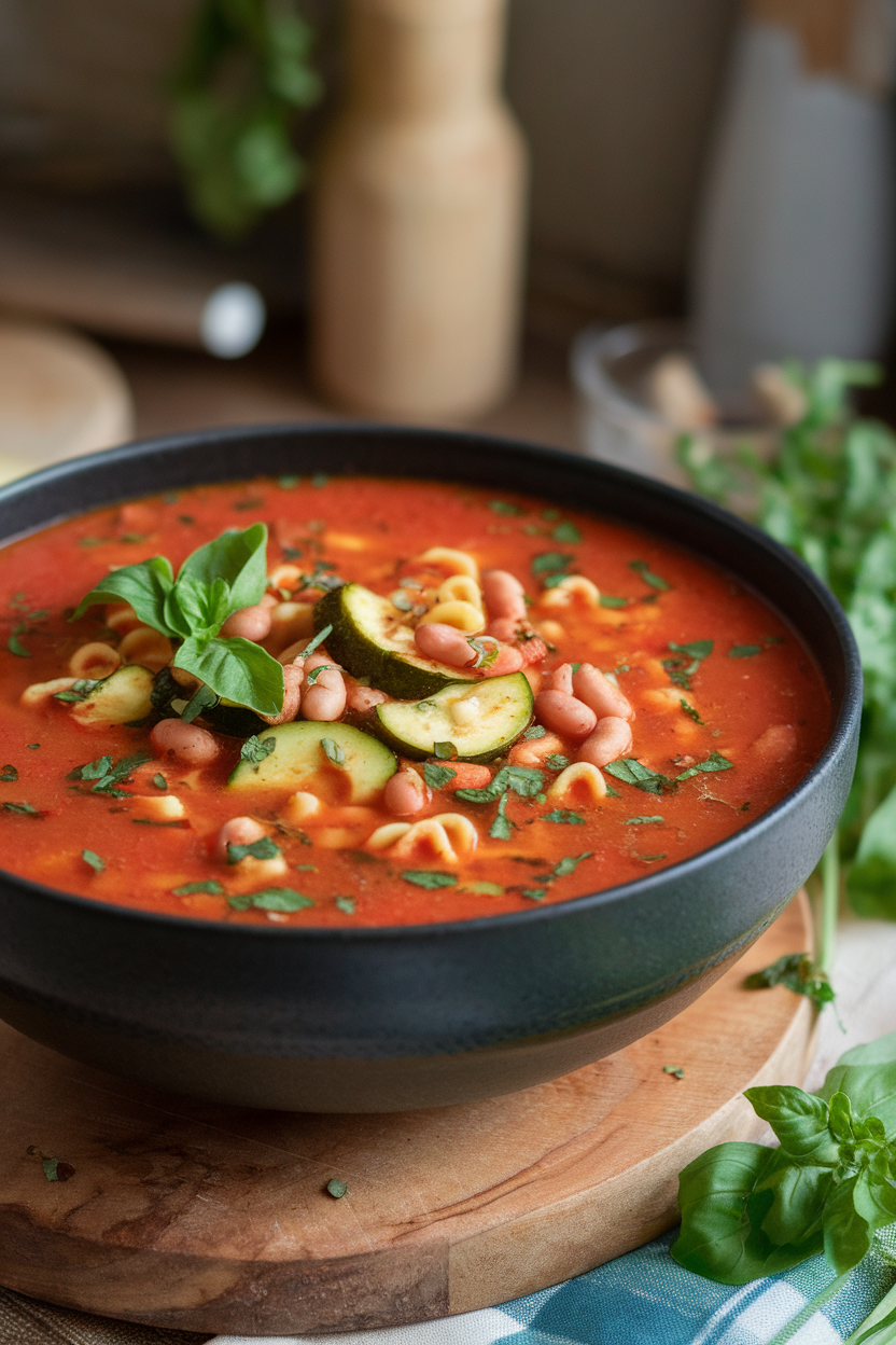 Indoor soup bowl brimming with tomatoes, zucchini, beans, and ditalini pasta in herb broth. No text or logos visible.