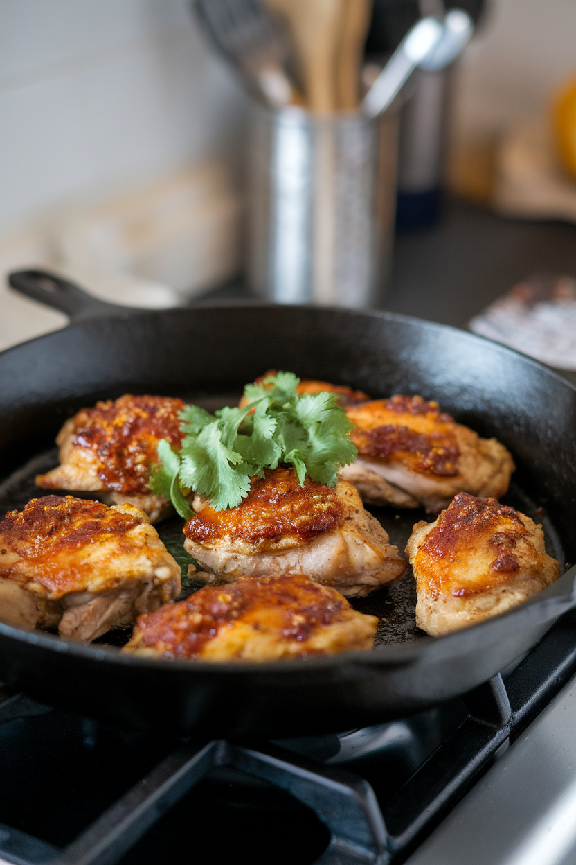 Cast-iron skillet holding cooked chicken thighs with chili-lime glaze, cilantro sprinkle, indoor stovetop, no text or logos.