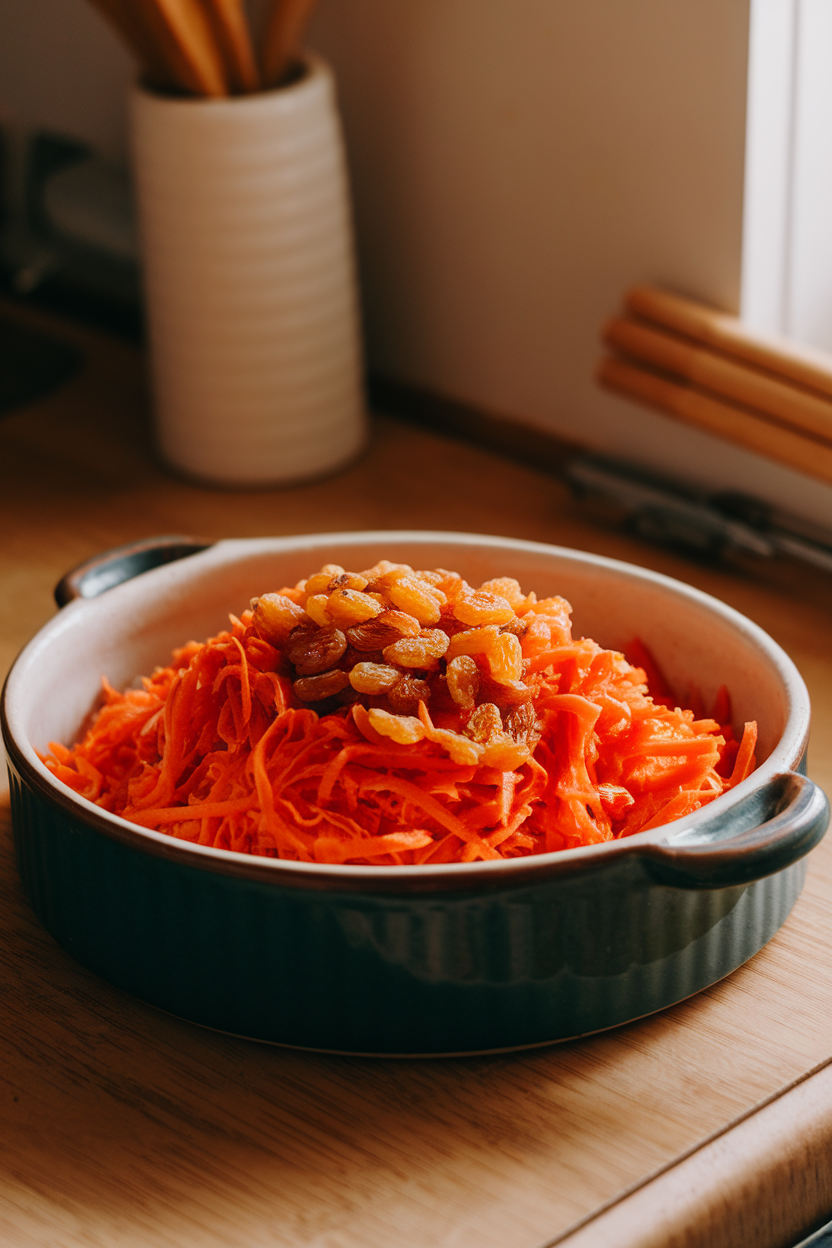 A warm indoor kitchen counter showing a ceramic dish of grated carrots mixed with golden raisins and dusted with cinnamon. No logos or text; photo only.