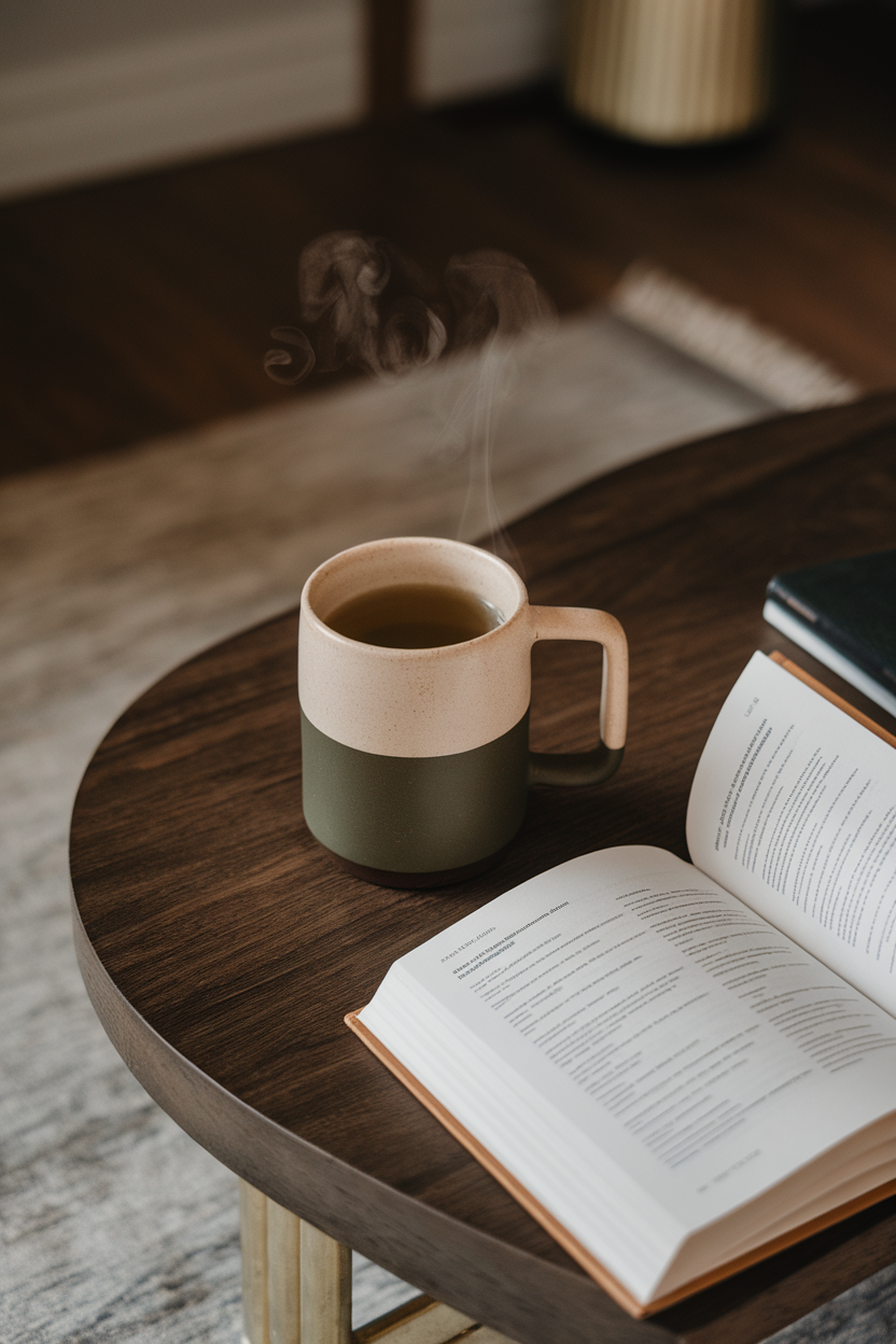 Photo of a steaming mug of green tea on an indoor coffee table beside an open book. No text or logos visible.