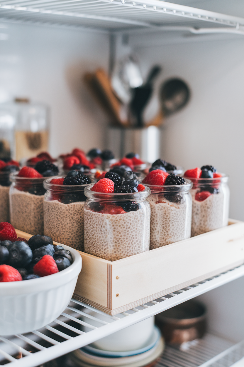 Photo, indoor fridge shelf lined with small glass jars of vanilla chia pudding topped with berries, no logos.