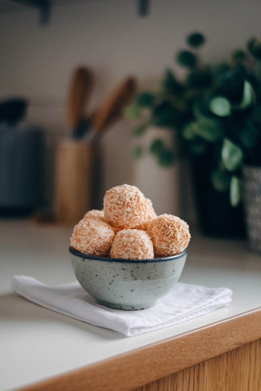 Indoor photo of coconut-coated marshmallow spheres in a small bowl on a kitchen bench, no text or logos