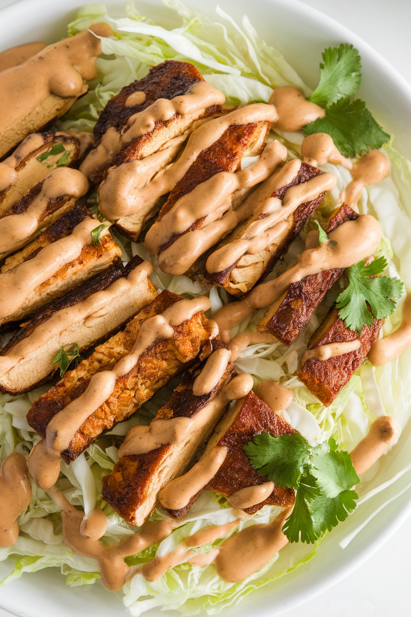 Indoor photo of sliced sautéed tempeh on chilled rice noodles with shredded cabbage and a creamy peanut dressing, garnished with cilantro. Overhead lighting, no text or logos.