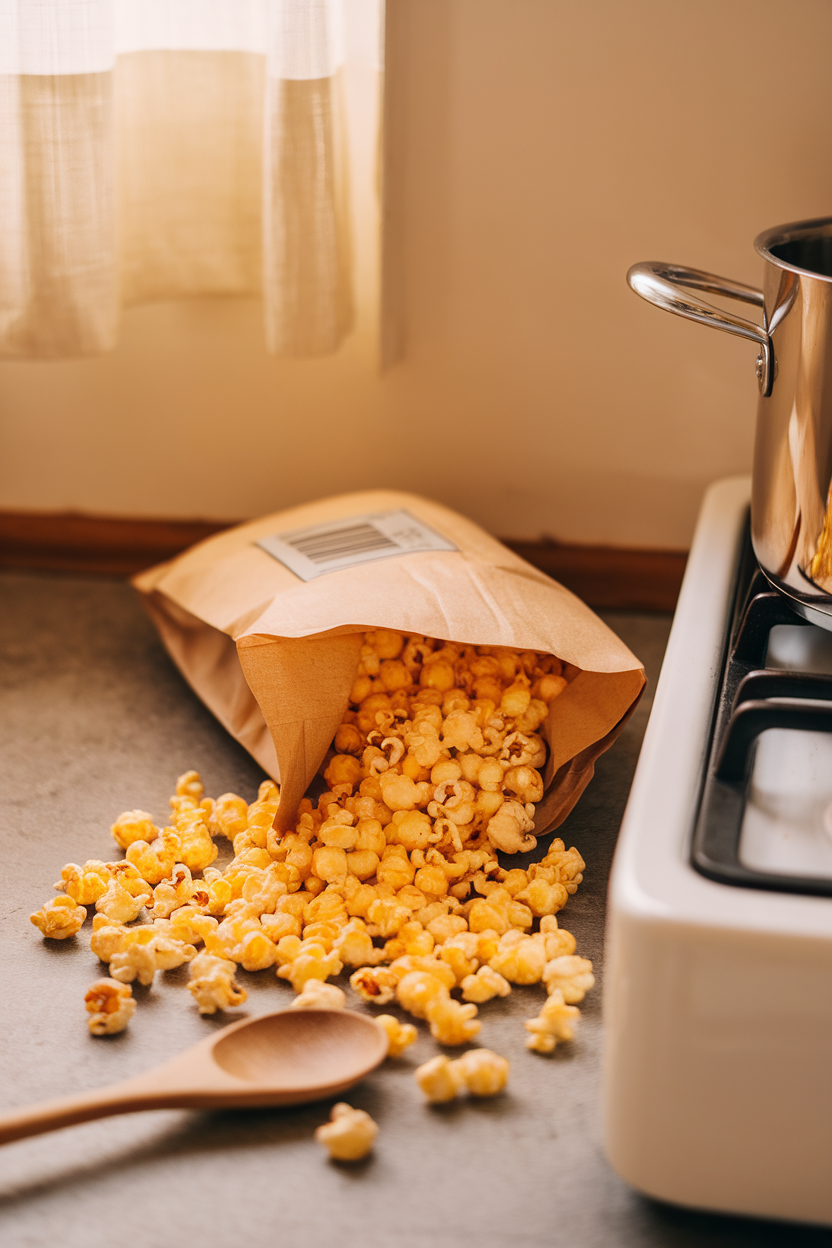 Indoor photo of yellow popcorn kernels spilling from a brown paper bag near a stovetop pot; no text or logos