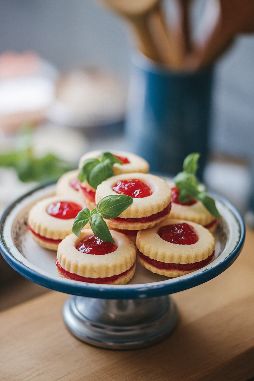 Photo prompt: Strawberry-basil thumbprint cookies filled with red jam on a small tray indoors, no branding or text.