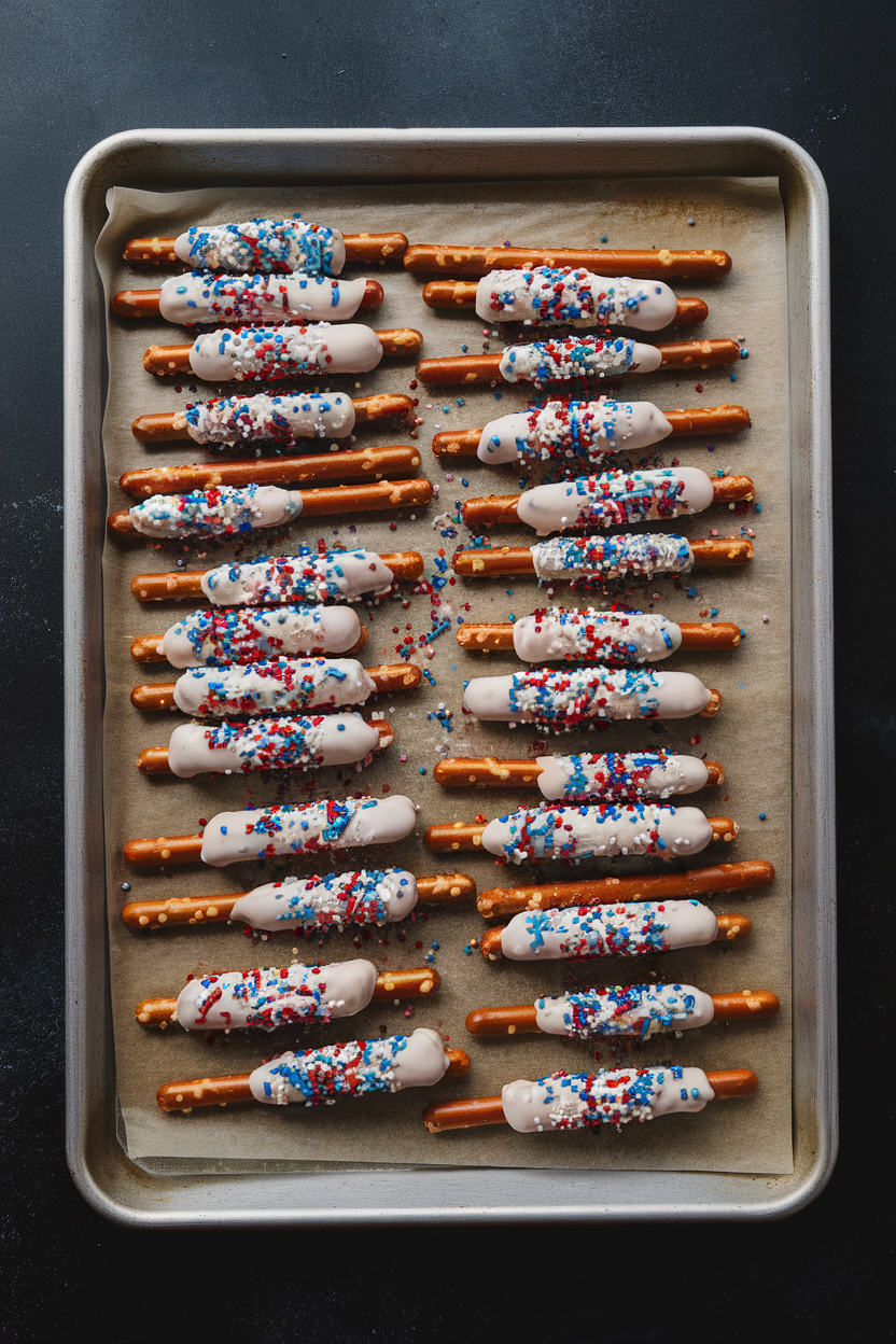 Indoor baking sheet lined with pretzel rods half-dipped in white chocolate, sprinkled with red and blue sprinkles. No text or logos.