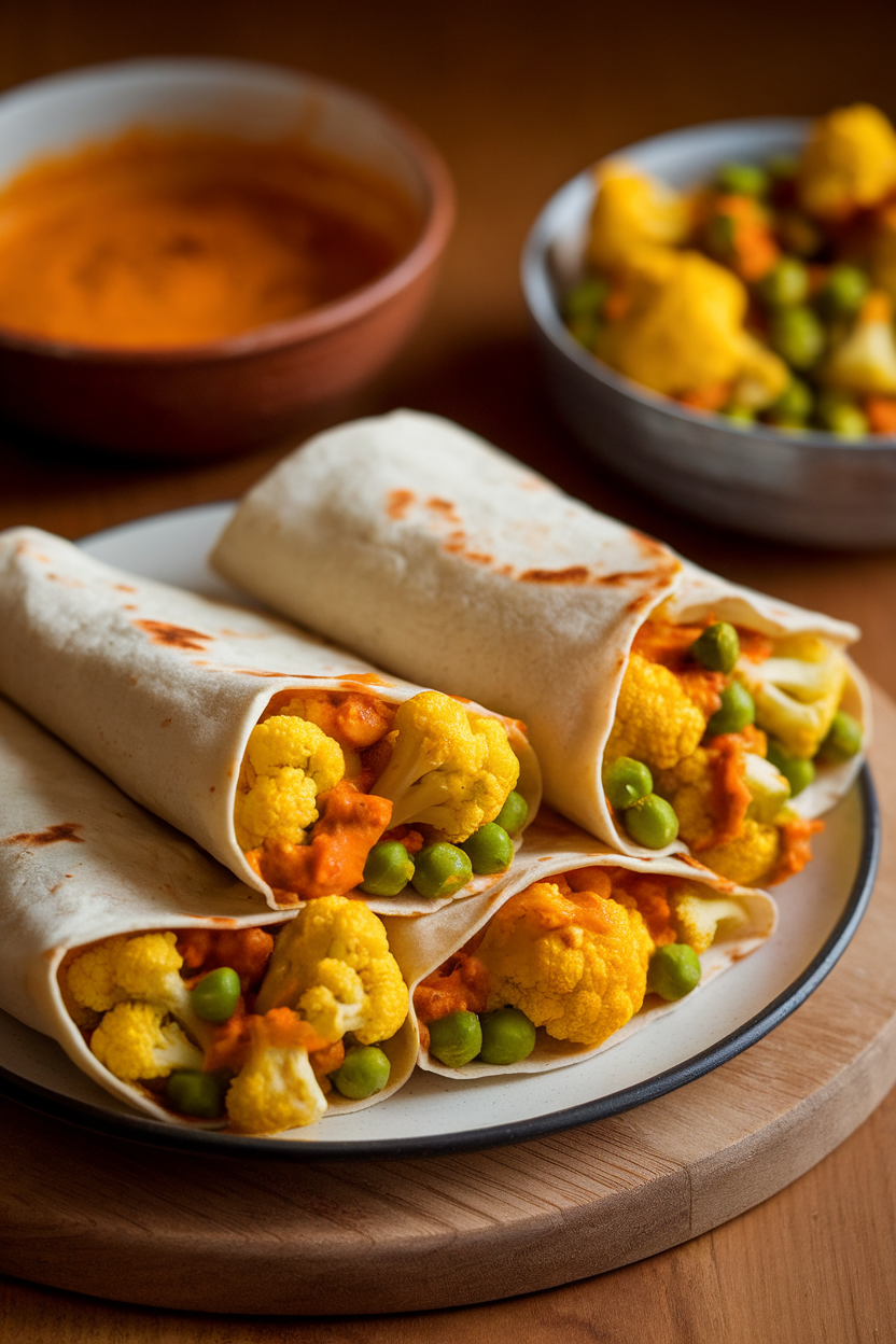 Warm indoor image of tortillas filled with golden cauliflower florets and bright green peas, covered in turmeric-spiced tomato sauce, no text or logos.