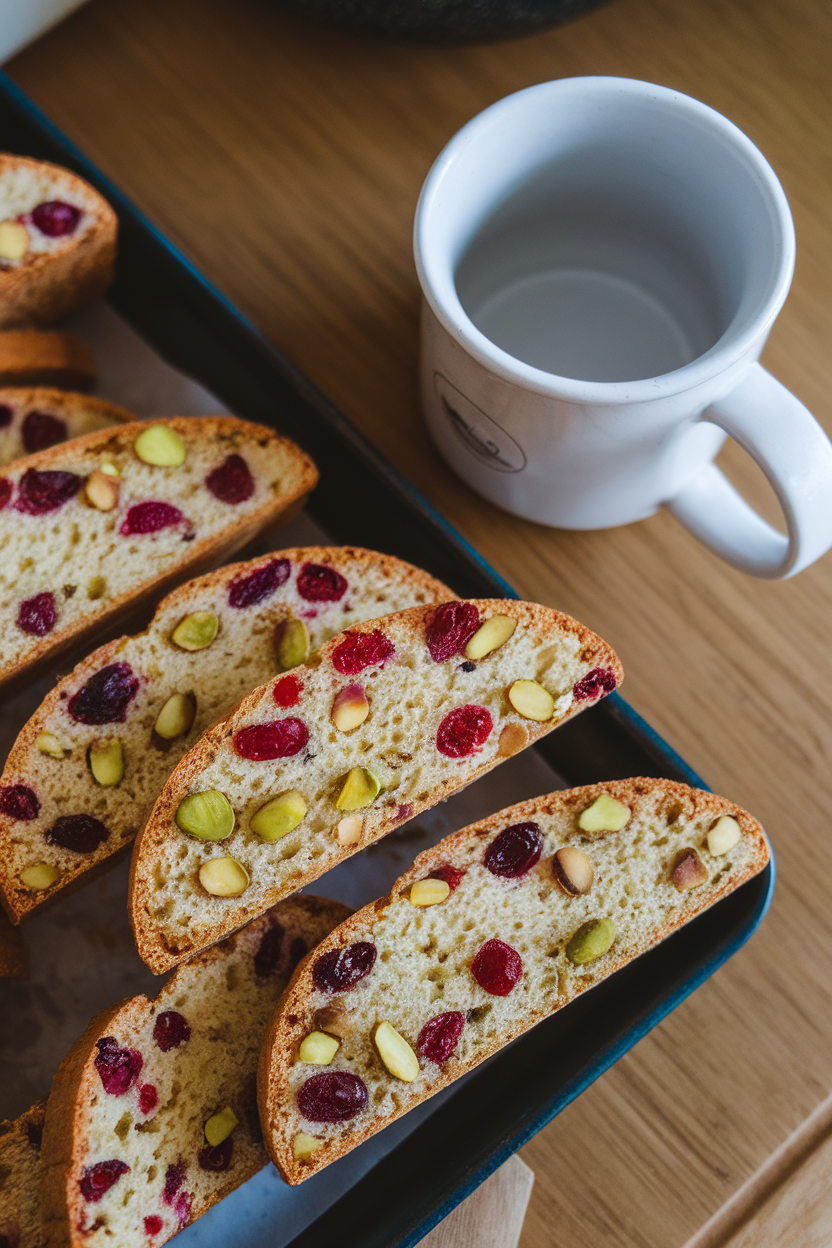 An indoor tray of sliced biscotti studded with cranberries and pistachios, edges toasted, coffee mug nearby without logos. Photo.