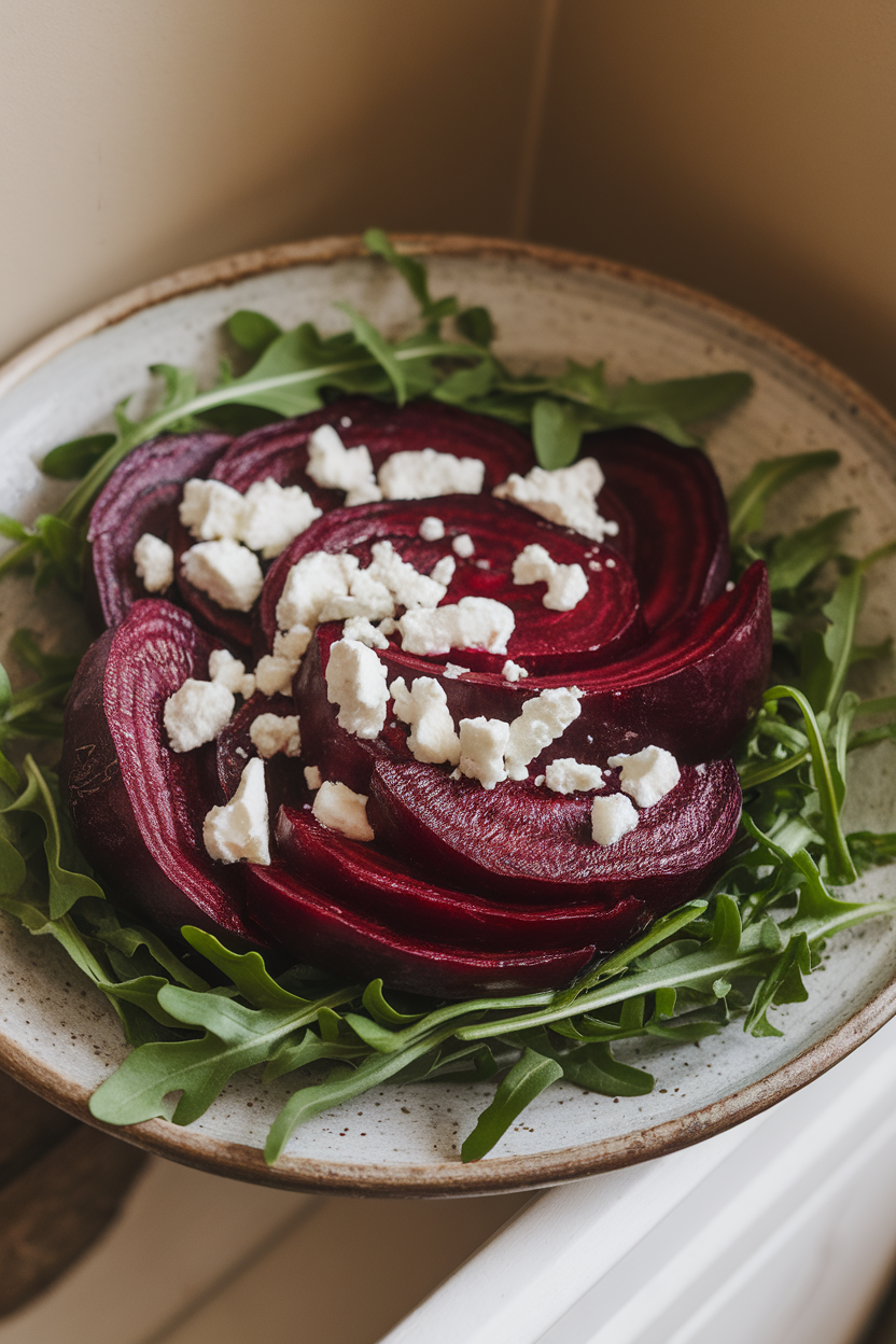 Photo of sliced roasted beets, crumbled goat cheese, and arugula on a ceramic plate indoors, no text or logos