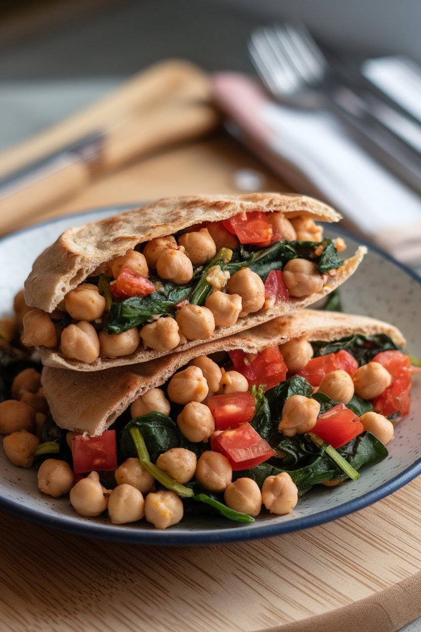 A halved whole-wheat pita on an indoor plate overflowing with seasoned chickpeas, wilted spinach, and diced tomatoes. No text or logos present.