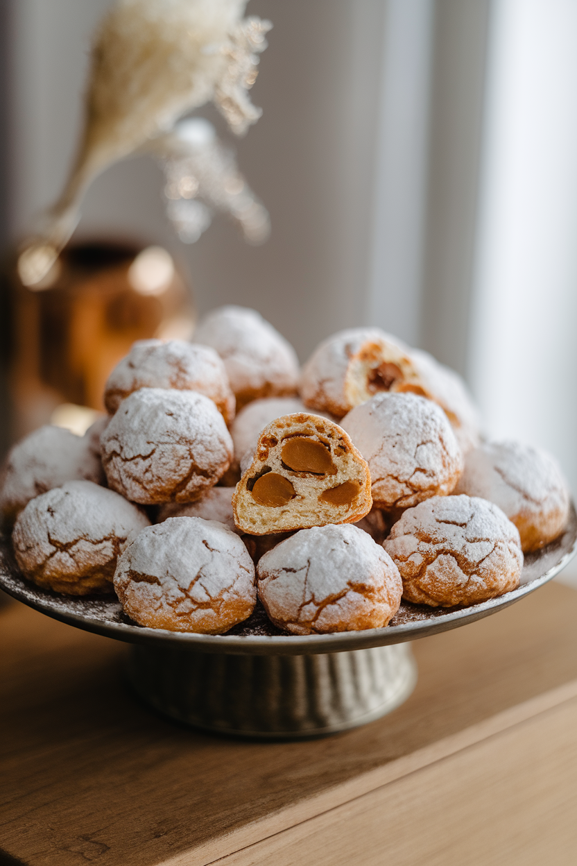 Indoor platter of small powdered-sugar-coated stollen bites revealing marzipan centers; no logos. Photo, not illustration.