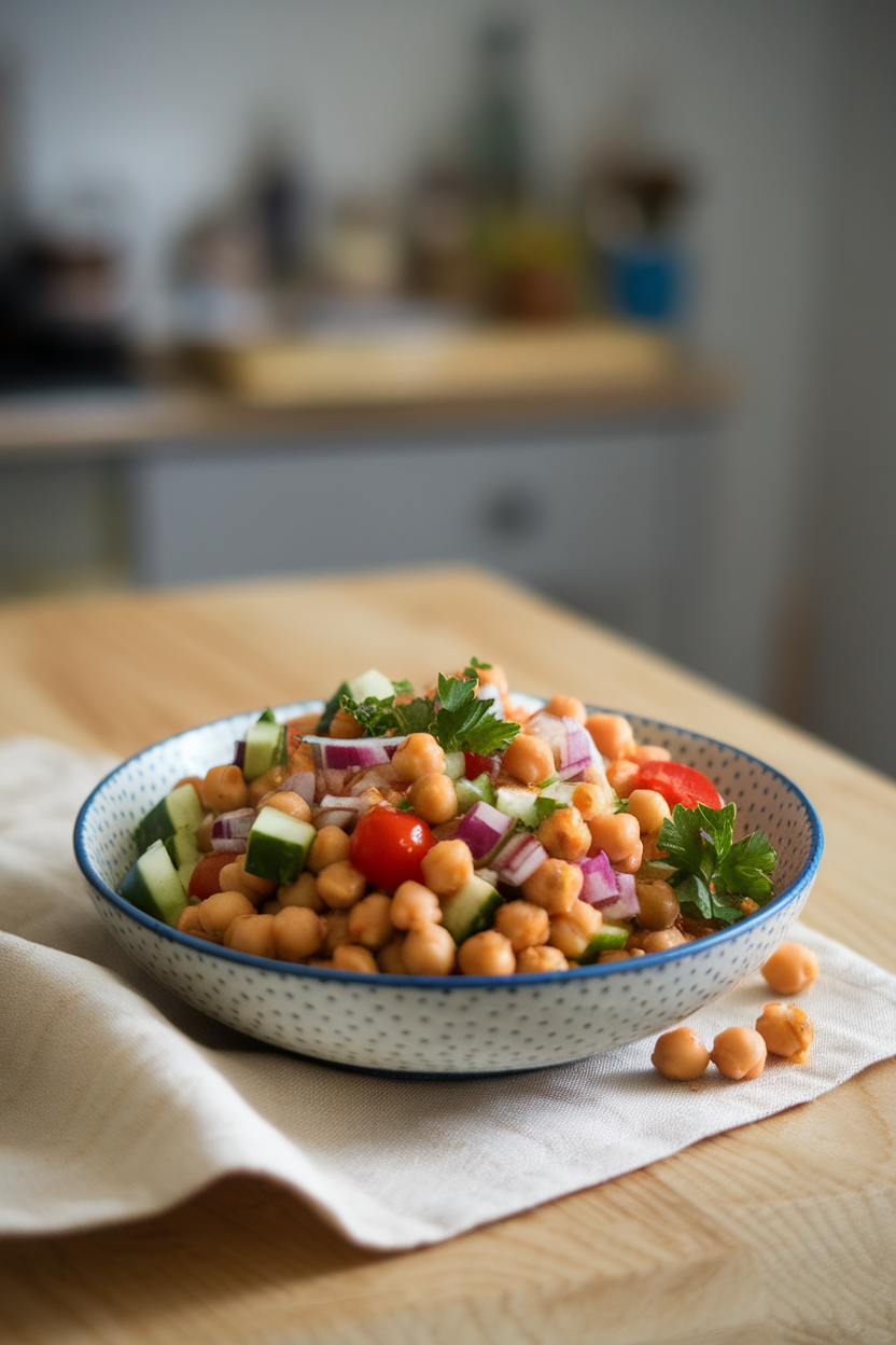 Indoor tabletop showing a bowl of chickpeas mixed with diced cucumbers, cherry tomatoes, red onion, and parsley, lightly dressed; no text or logos, photo style.