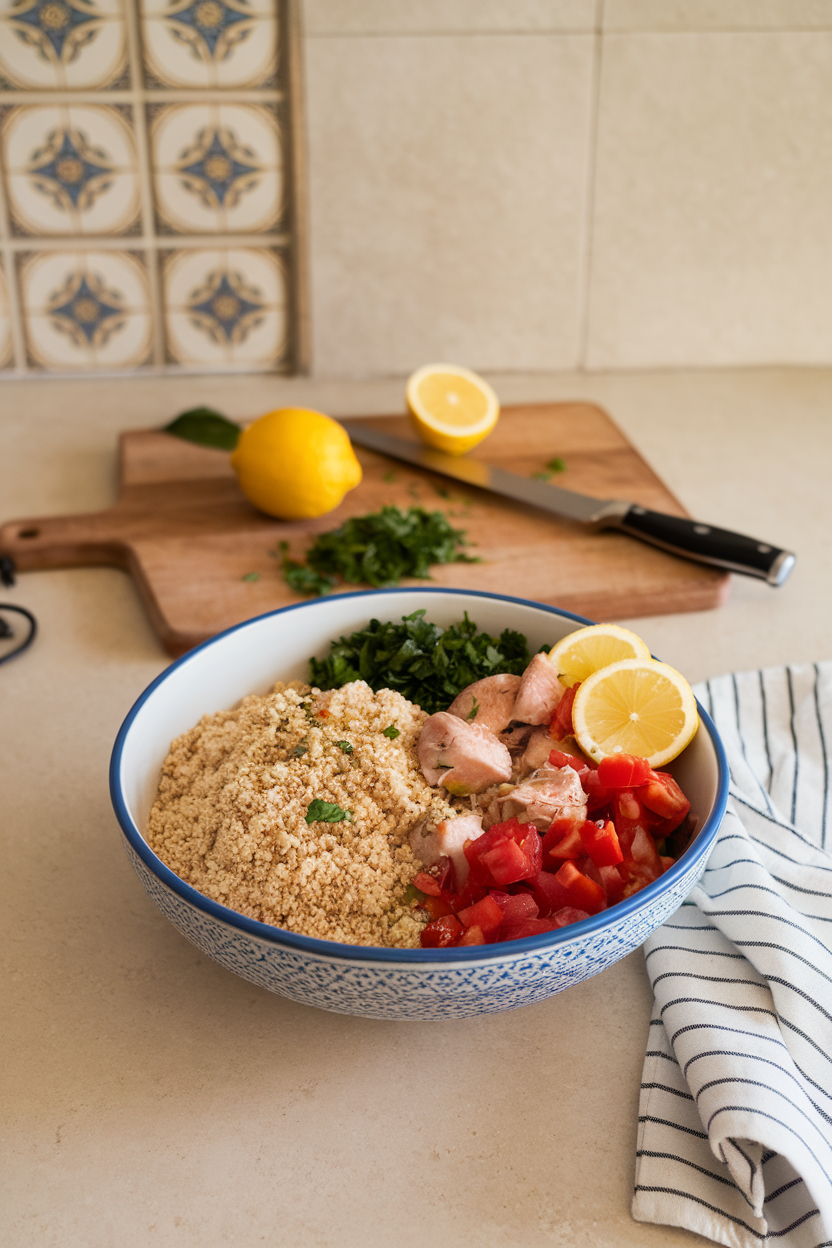Indoor kitchen island featuring a serving bowl of whole-wheat couscous, chicken pieces, chopped tomato, parsley, and lemon wedges — photo, no logos