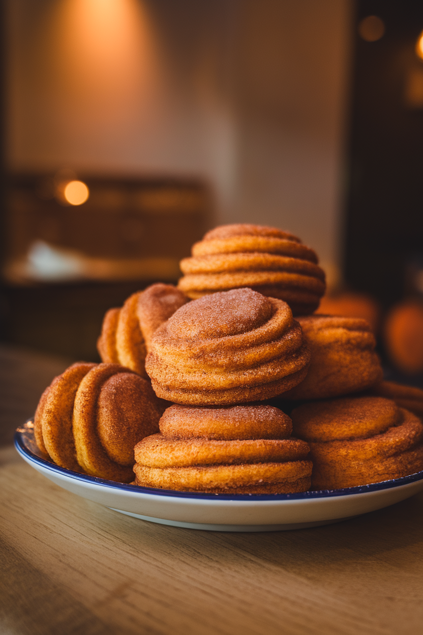 A plate of soft pumpkin snickerdoodles coated in cinnamon sugar, indoor café light, no text or logos.