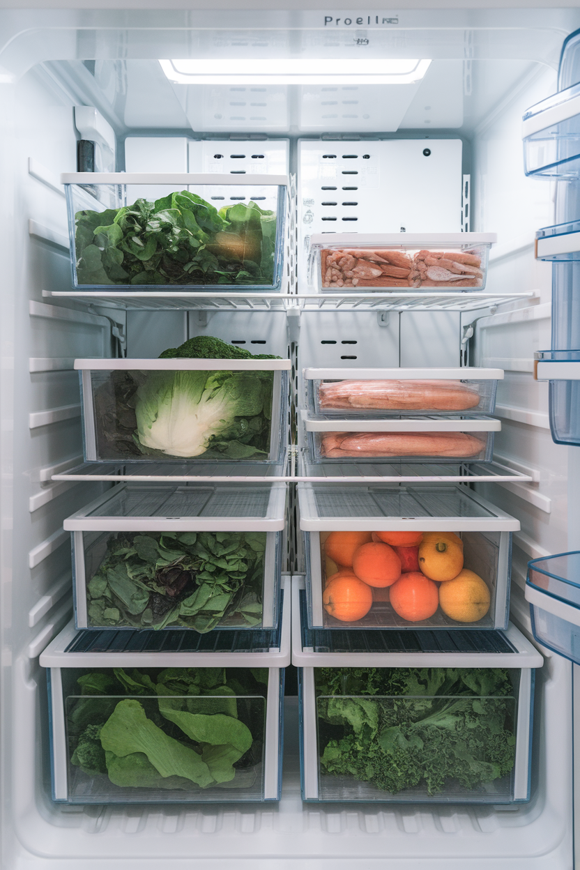 An indoor refrigerator neatly organized with greens in clear bins, protein on designated shelves—photo, no text or logos.