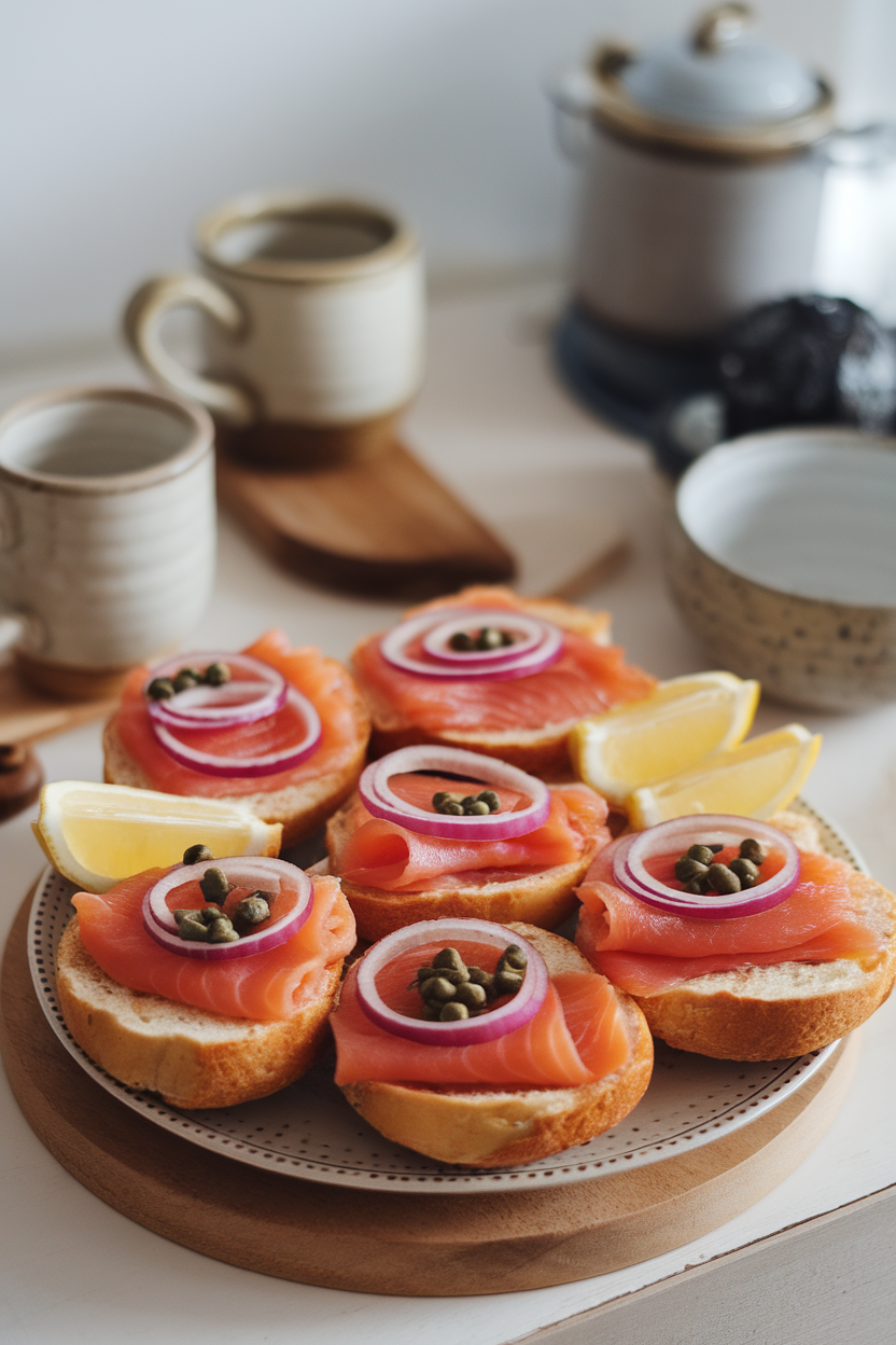 An indoor brunch spread showing a platter of toasted bagel halves, folded slices of smoked salmon, capers, thinly sliced red onion, and lemon wedges. No text or logos. Photo, not illustration.