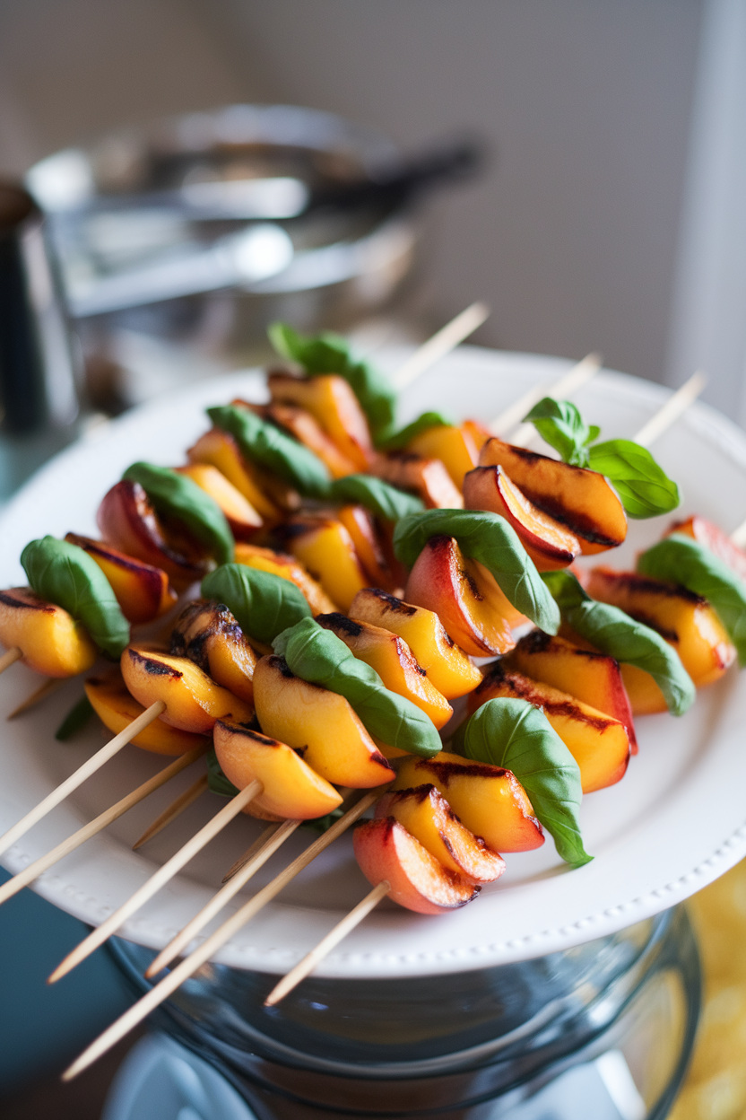Indoor photo of short skewers alternating grilled peach chunks and fresh basil leaves, lightly glazed with balsamic, set on a white platter. No text or logos.