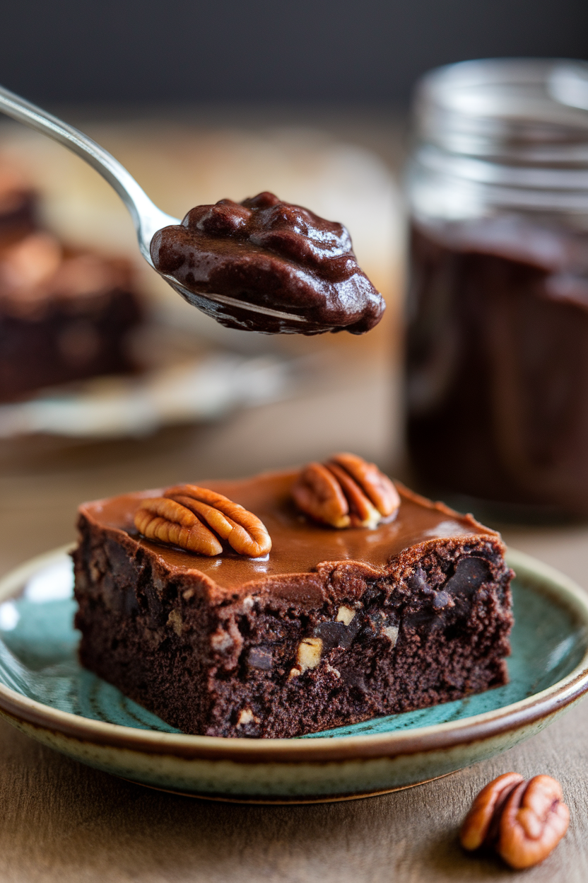 Indoor photo of a fudgy brownie square on a small plate with a spoonful of black bean puree in the background, no text or logos