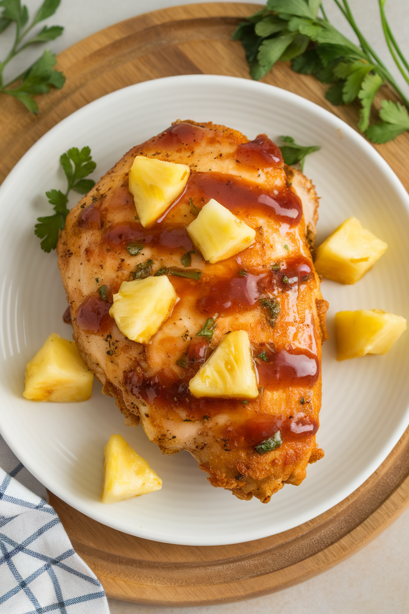 Indoor plate featuring air-fried chicken breast glazed with pineapple teriyaki sauce, pineapple chunk garnish, overhead view. No text or logos.