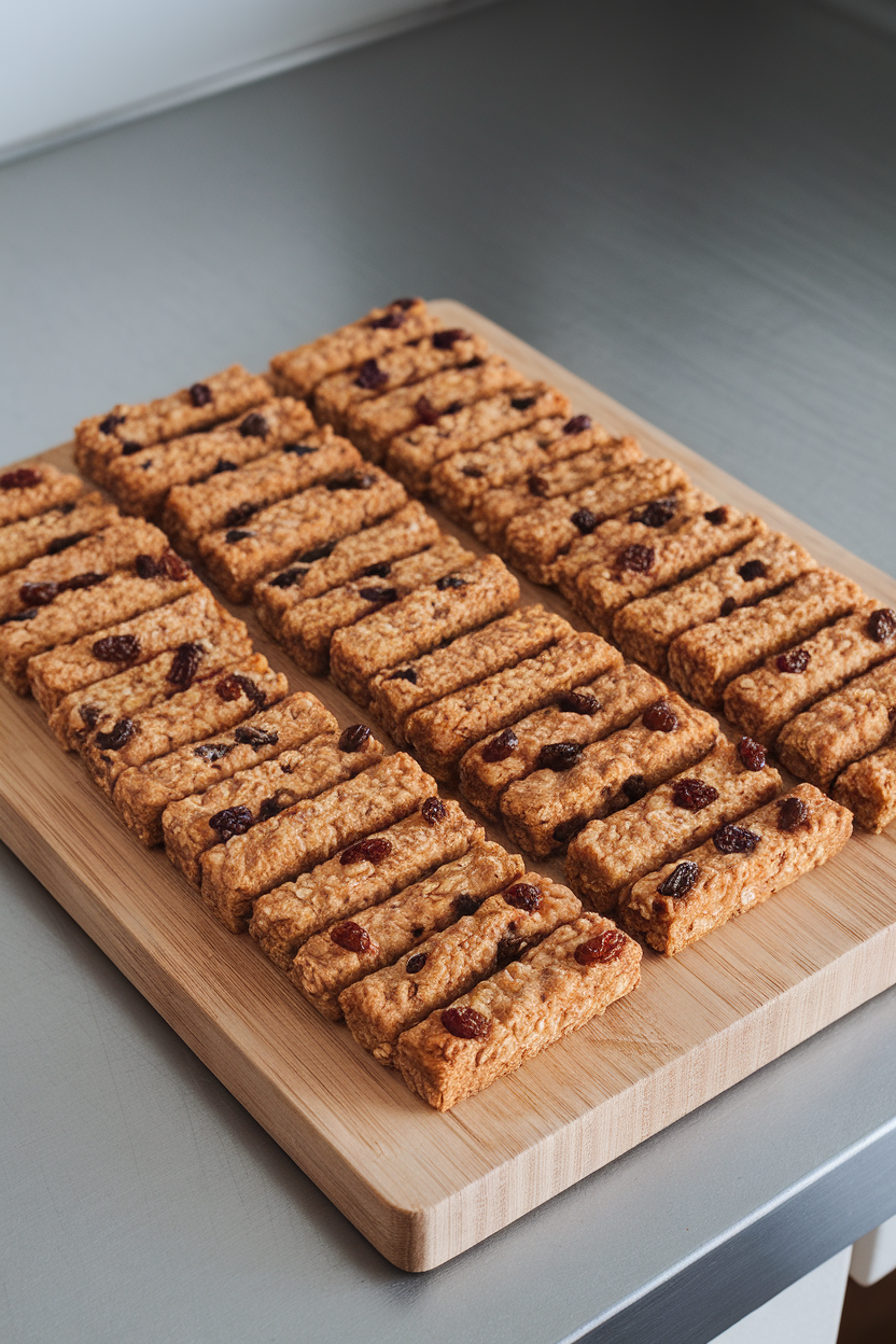 A cutting board on an indoor counter with rectangular baked oatmeal fingers dotted with raisins, arranged neatly. No text or logos.