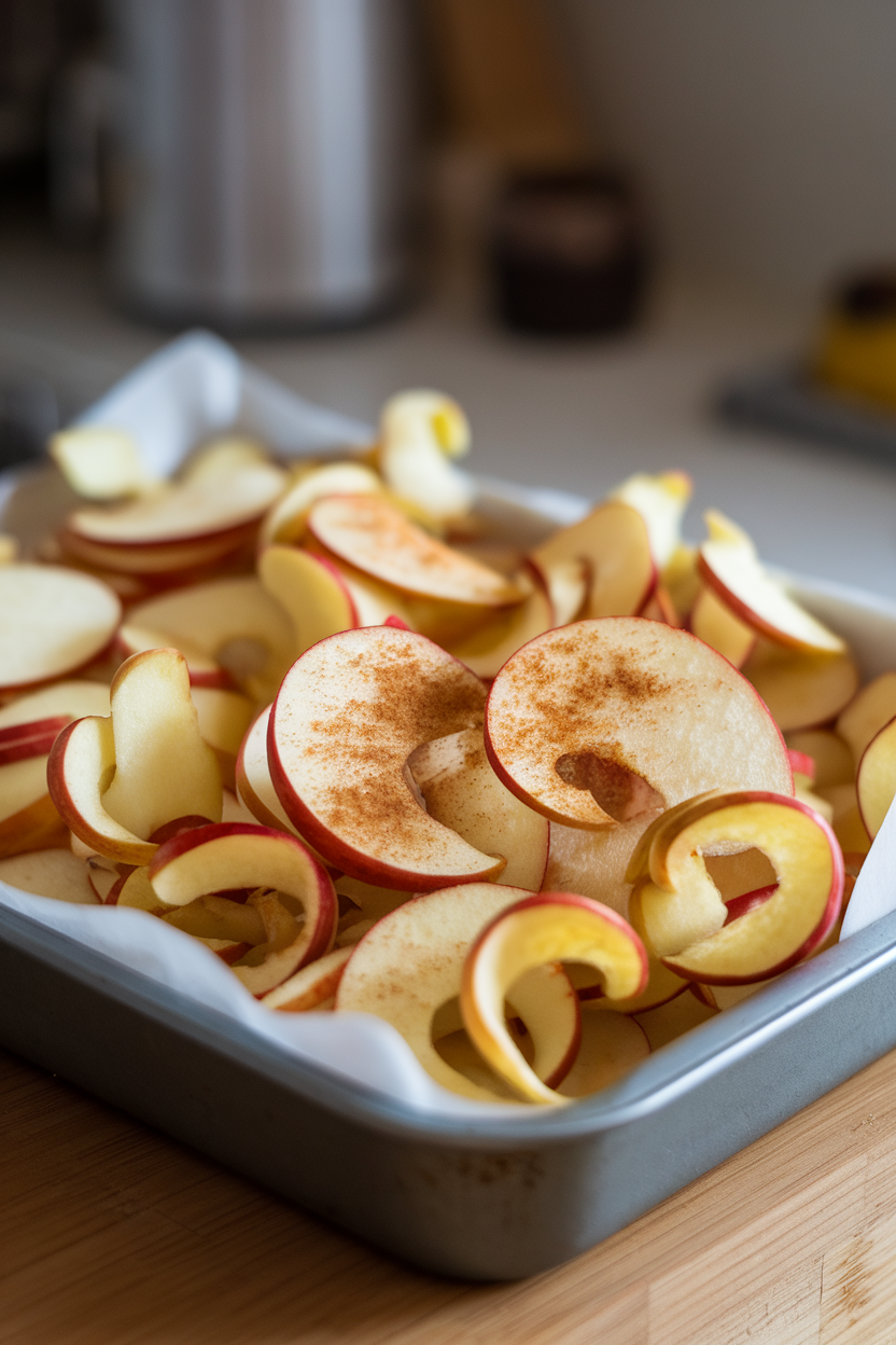 An indoor kitchen tray covered with thinly sliced apple chips, edges curled and dusted with cinnamon—no text or logos; photo, not illustration