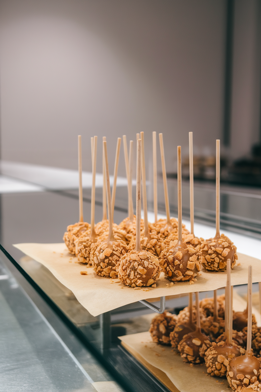 Photo, not illustration. Indoor bakery counter. Caramel-colored cake pops rolled in crushed peanut brittle, sitting on parchment. No logos or text.