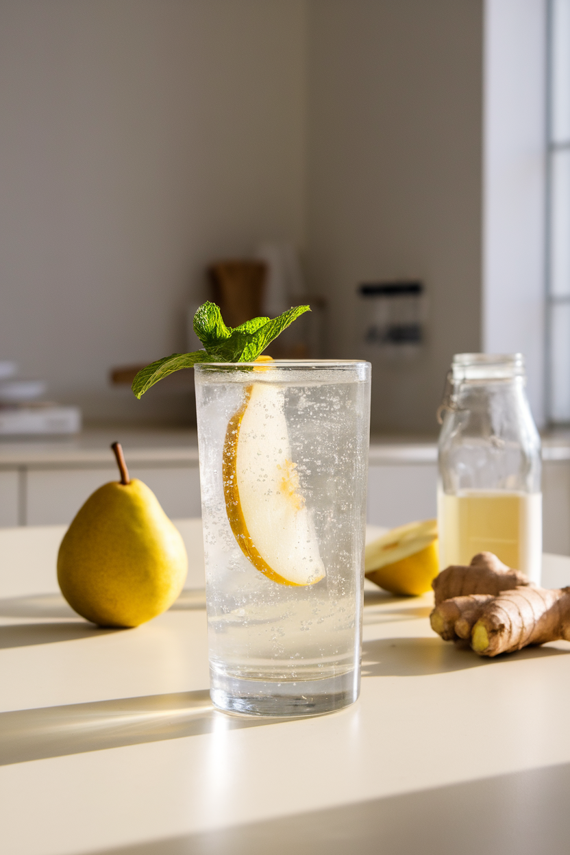 Bright indoor kitchen counter with a highball glass of pale pear and ginger fizz, bubbles visible, thin pear slice inside glass. Photo, no text or logos.