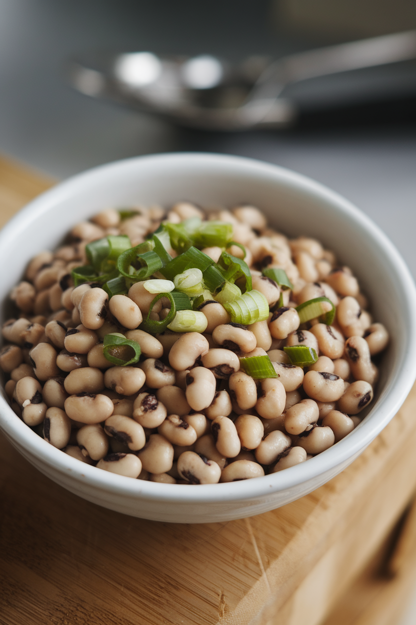 An indoor bowl of cooked black-eyed peas sprinkled with chopped scallions, no text or logos.