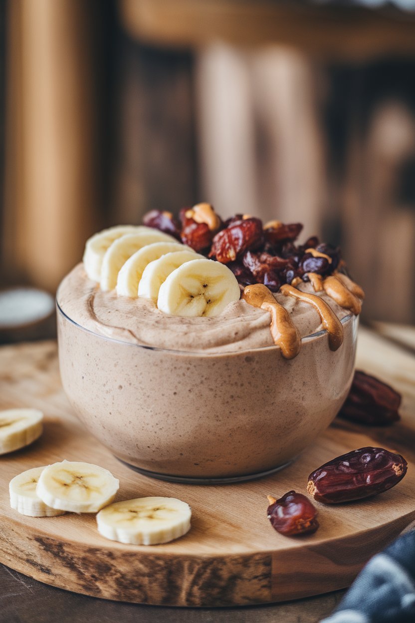 Indoor tabletop featuring a thick smoothie bowl garnished with sliced banana, chopped dates, and a drizzle of peanut butter; no text or logos.
