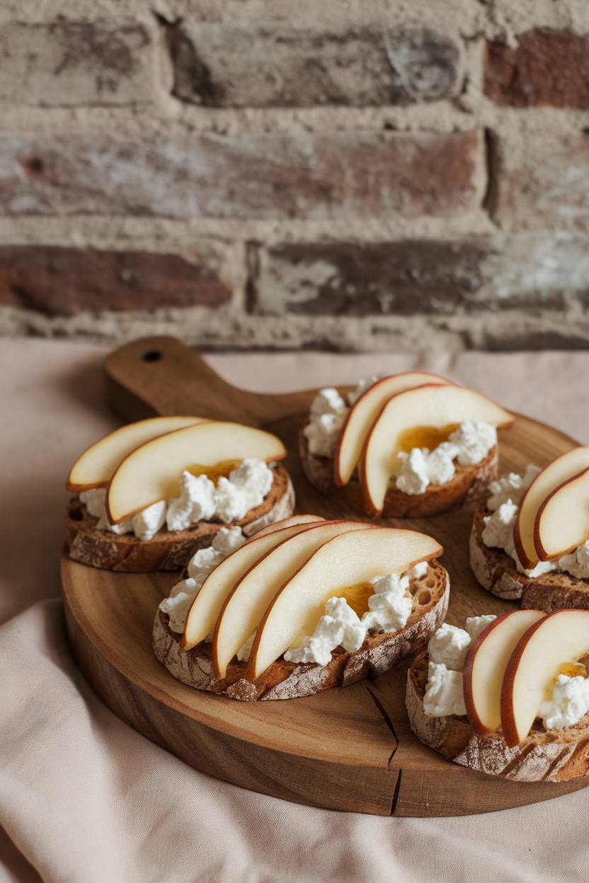 Indoor photo of whole-grain baguette slices topped with thin pear fans, whipped goat cheese, and a drizzle of honey on a serving board. No logos or text.