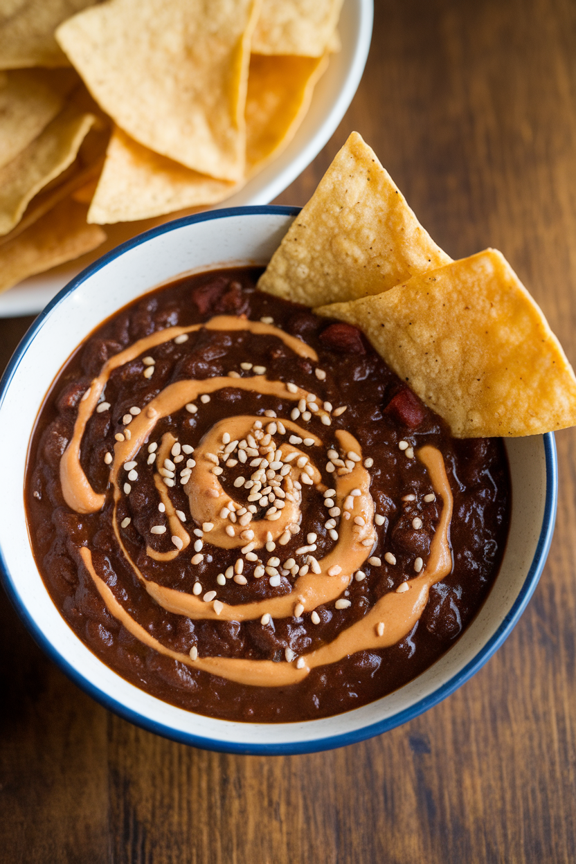 Indoor photo of dark mole chili with swirls of peanut butter, topped with sesame seeds; no text or logos.