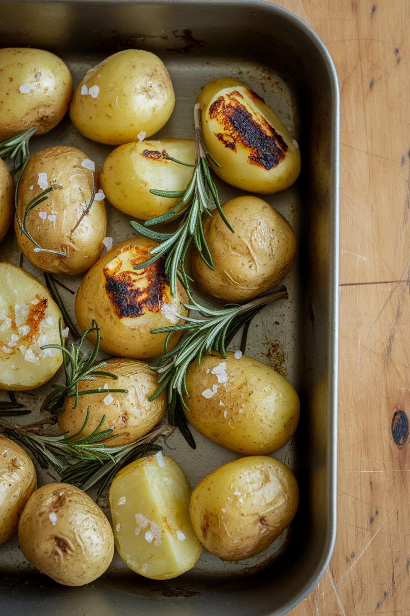 Indoor photo of golden fingerling potatoes tossed with rosemary and sea salt in a shallow roasting pan. No text or logos.