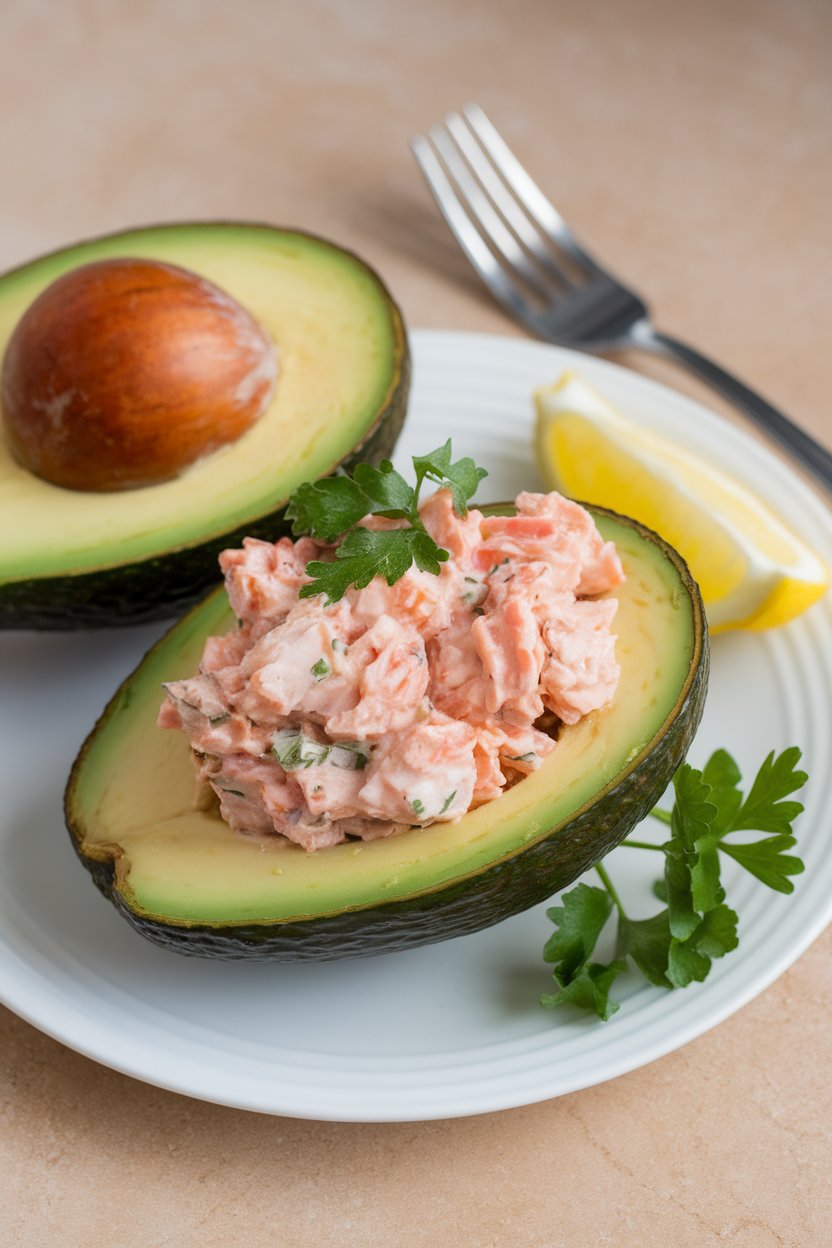 A plate indoors showing half an avocado filled with tuna salad made with Greek yogurt, garnished with parsley. No text or logos. Photo.