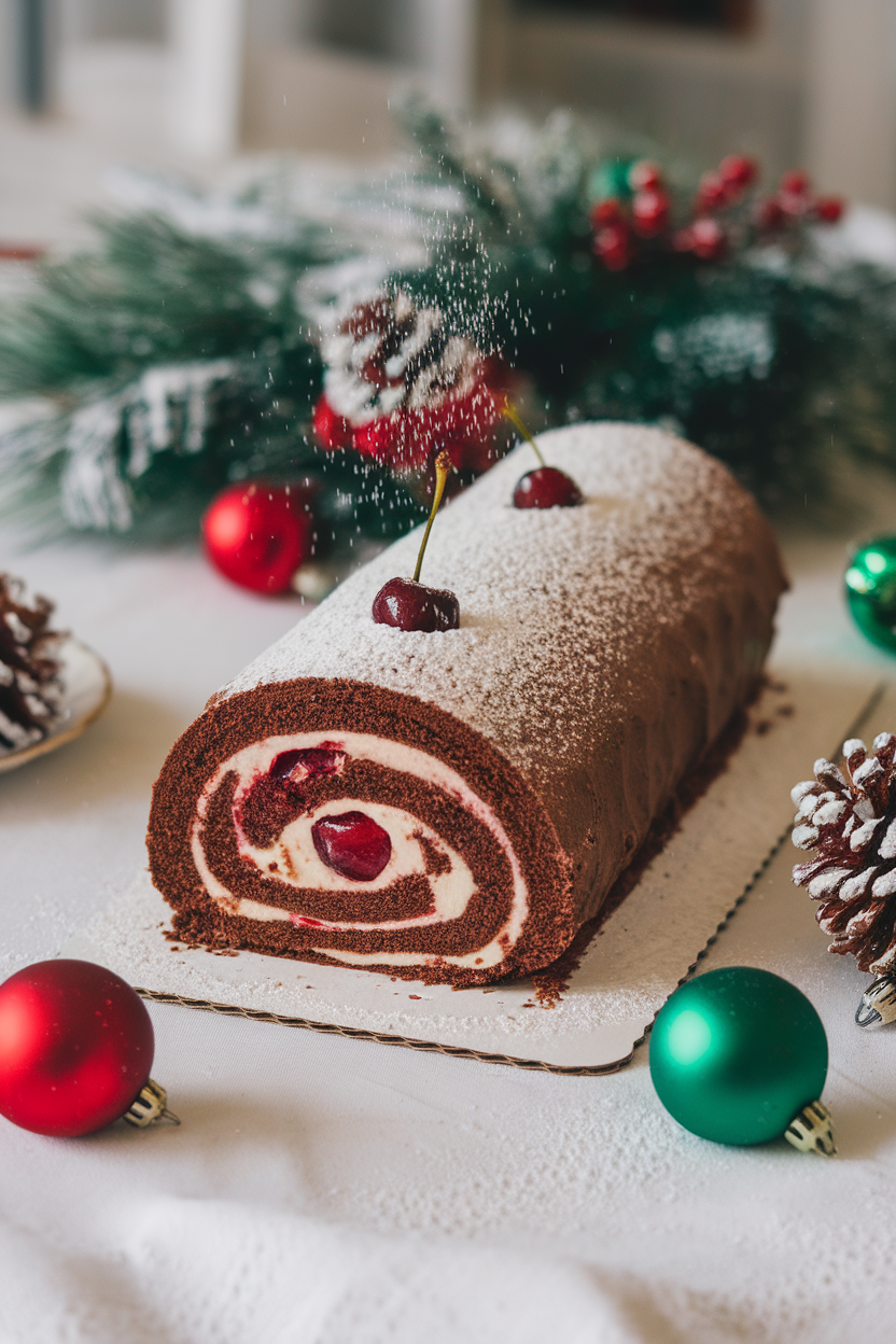 Festive indoor table with a rolled chocolate sponge cake covered in chocolate buttercream, cherry filling spiral visible in sliced end, dusting of powdered sugar like snow. No text or logos.